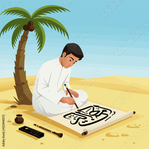 Man Practicing Calligraphy on Scroll in Desert Environment Vector