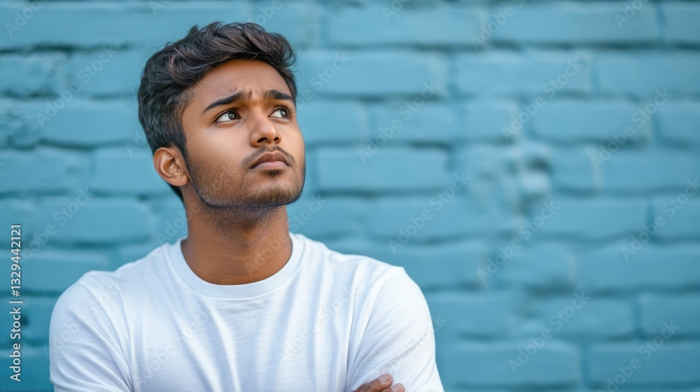 Contemplative Young South-Asian Man Gazing Sideways with a Skeptical Expression, Deep in Thought About Ideas and Choices Contemplative Young South-Asian Man Gazing Sideways with a Skeptical Expression, Deep in Thought About Ideas and Choices
