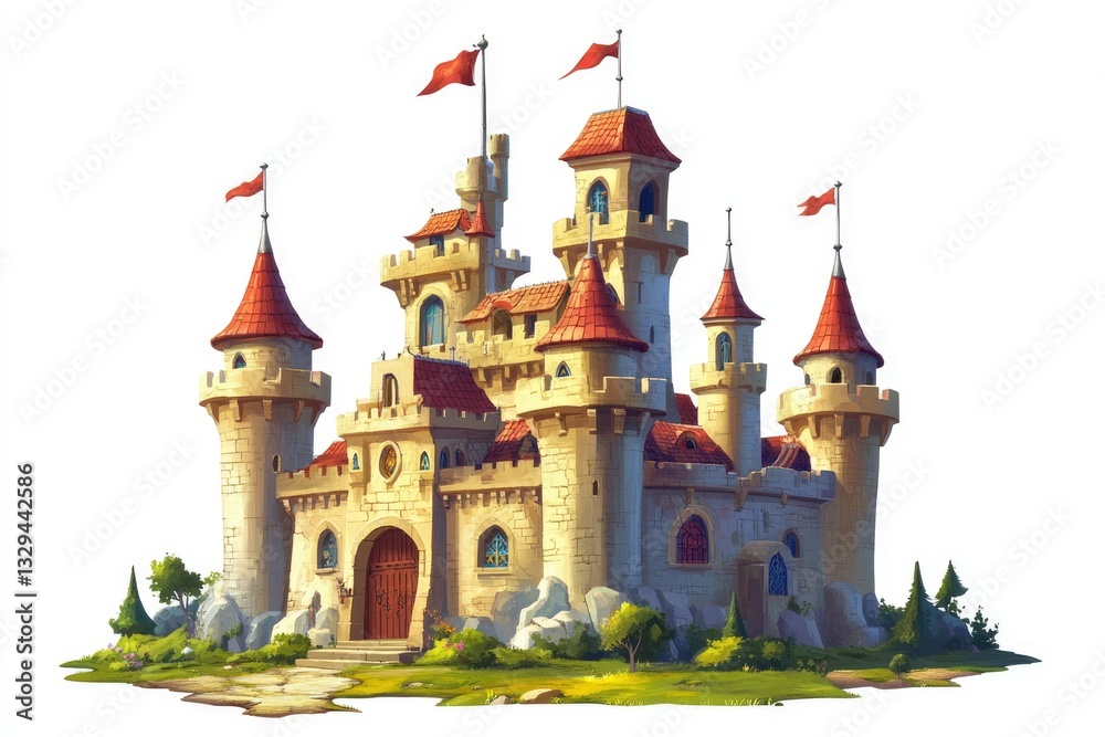 Fototapeta premium DIY Fairytale Castle Clip Art. Fantasy Architecture Elements with Towers, Flags, and Gates for Sticker and Decor Projects