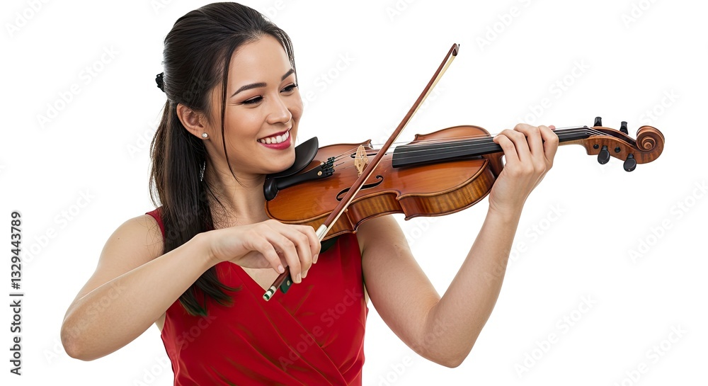 Smiling Woman Playing the Violin in Red Dress on White Background Smiling Woman Playing the Violin in Red Dress on White Background