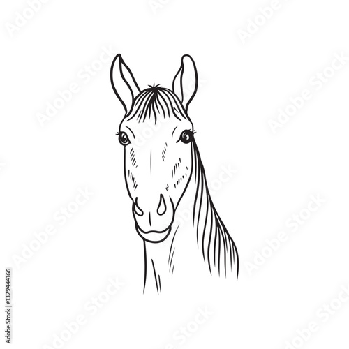Detailed line drawing of a horse head and neck in black isolated on white background. Hand drawn vector sketch illustration in doodle vintage line art style. Domestic farm animal, friendship