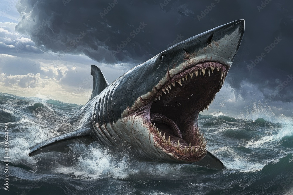Obraz premium Massive Megalodon Shark Fin Illustration - Captivating 3D Depiction of an Extinct Carnivorous Giant in Action