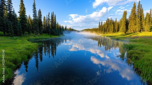 Calm lake reflecting sky and trees with morning mist