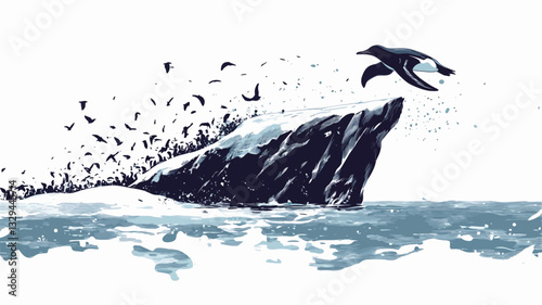 Stylized illustration depicting a penguin in mid-leap from a dark, rocky cliff into a body of water.  Numerous small birds are depicted as a flurry around the penguin and cliff. The overall color