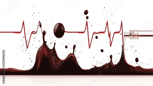 A stylized illustration depicting a flowing stream of dark red liquid resembling blood.  A stylized EKG/ECG heartbeat waveform is integrated into the flowing liquid.  Small droplets of the liquid