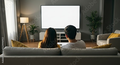 Couple Relaxing Watching Tv in Modern Living Room Together