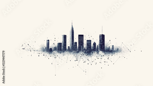 The image is a stylized illustration of a city skyline.  The skyline is depicted in dark blue silhouettes against a white background. The buildings are simplified, focusing on the overall shape and