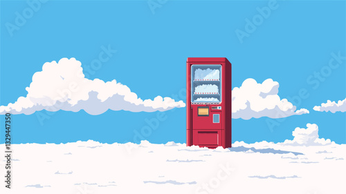 Digital illustration in pixel art style.  The image depicts a red vending machine standing alone in a field of white clouds under a bright blue sky. The clouds are stylized and simple, suggesting a