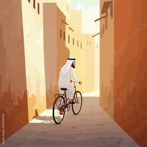 Man Cycling Through Old Town Street with Traditional Middle Eastern Architecture