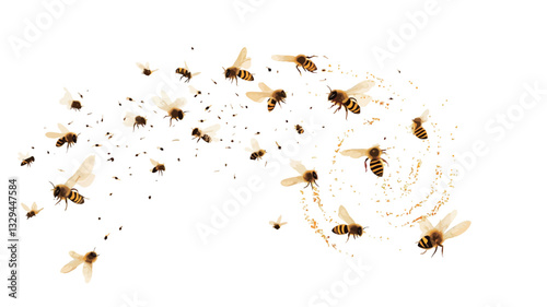 The image shows a swarm of bees in motion against a pure white background. The bees are depicted in various stages of flight, creating a dynamic, swirling pattern.  The bees are rendered with