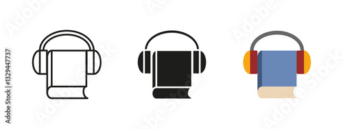 Audio book icon. Book with headphones vector illustration. Listening to audiobook concept. Sound combined with education and entertainment in modern technology.