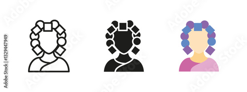 Curlers and hair coloring icon. Woman with hair rollers vector illustration. Classic beauty and hairstyling symbol. Perfect for salons, self-care routines and hair treatment concepts.
