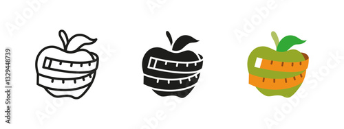 Diet apple icon. Healthy nutrition vector illustration. Symbol of weight loss, diet and wellness. Apple wrapped with measuring tape pictogram. Fitness, healthy eating, metabolism or body shape concept