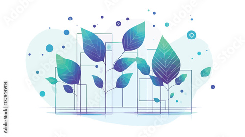 A digital illustration depicting a stylized plant with vibrant blue and green gradient leaves growing amidst a minimalist representation of a city skyline. The city is depicted with thin,