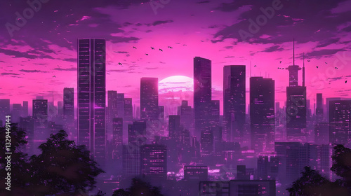 Wallpaper Mural A skyline of tall buildings at sunset, in shades of pink and purple, is suggestive of city life Torontodigital.ca