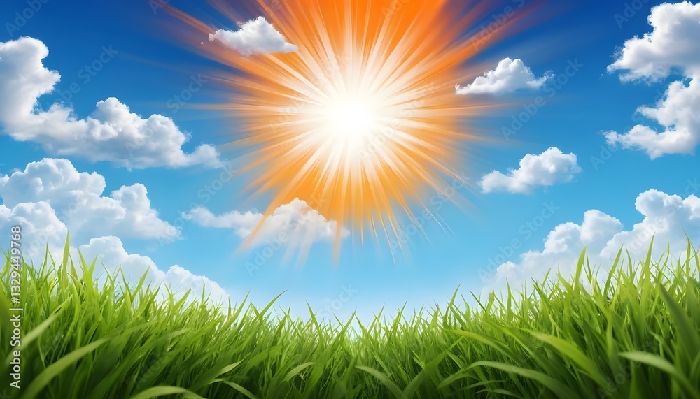 Fototapeta premium Sunny landscape with a bright sun in the sky and lush green grass