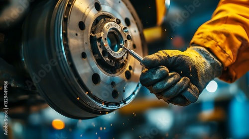 Mechanic inspecting brake components, holding a torque wrench, with brake dust and tool marks on the surface
