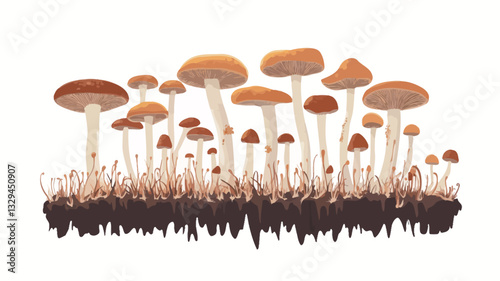Digital illustration depicting a dense cluster of mushrooms emerging from a patch of dark brown soil against a pure white background.  The mushrooms exhibit variations in size and shape, with caps