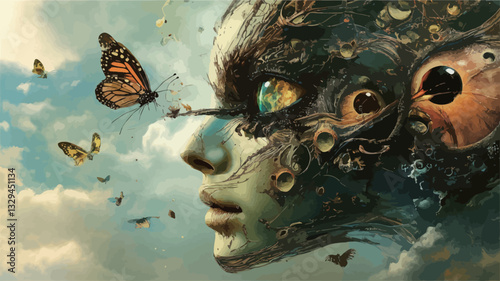 A digital painting or illustration depicting a woman's profile seamlessly blended with biomechanical elements.  The woman's face is partially obscured by organic and metallic textures, with
