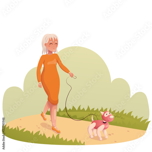 Vector illustration elderly woman walking with robot dog