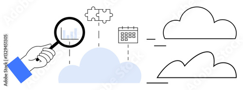 Hand with magnifying glass examining cloud data, linked to puzzle piece and calendar. Ideal for data analysis, cloud computing, integration, planning, digital security, strategy research. Flat