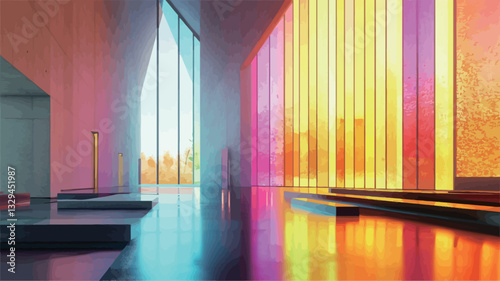 The image showcases the interior of a modern building. The space features large, vertically oriented panels of colorful translucent glass, predominantly in shades of orange, yellow, blue, and teal.