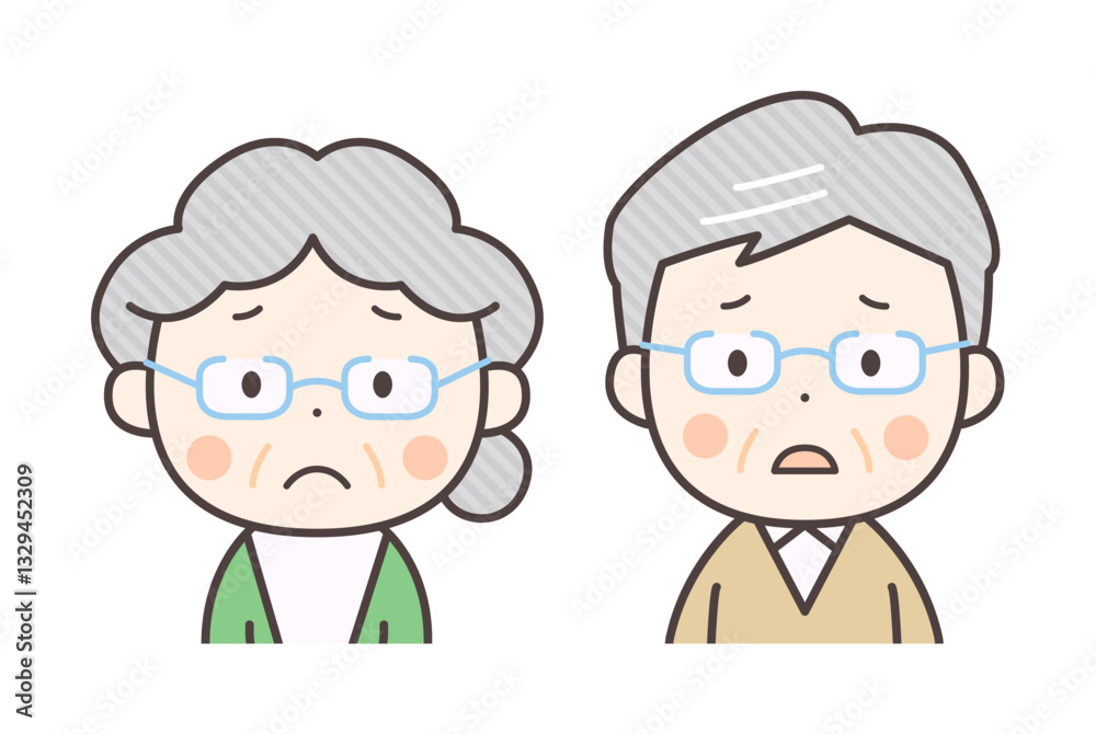 困り顔のシニア夫婦の上半身イラスト
困り顔のシニア夫婦の上半身イラスト