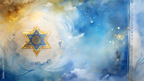 Watercolor prayer book background in soft blues and golds, adorned with symbolic elements like the Star of David, serene and spiritual with copy space  