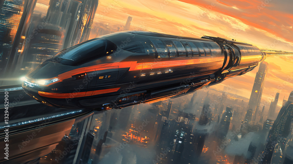 A futuristic levitating train with a sleek black and orange design glides above a cyberpunk cityscape at sunset creating a sci-fi inspired vision
A futuristic levitating train with a sleek black and orange design glides above a cyberpunk cityscape at sunset creating a sci-fi inspired vision