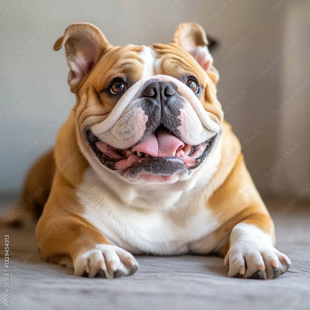 Charming English Bulldog Relaxing with Adorable Paws Hanging, Gazing Playfully to the Side Charming English Bulldog Relaxing with Adorable Paws Hanging, Gazing Playfully to the Side