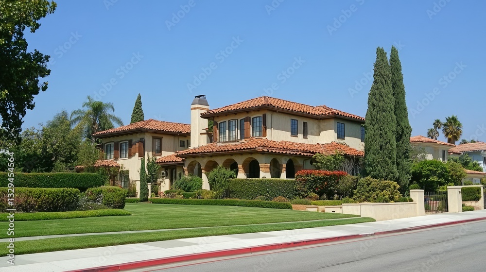 Fototapeta premium Charming Suburbia: A Stretched View of Classic California Homes with Lush Lawns and Unique Architectural Designs
