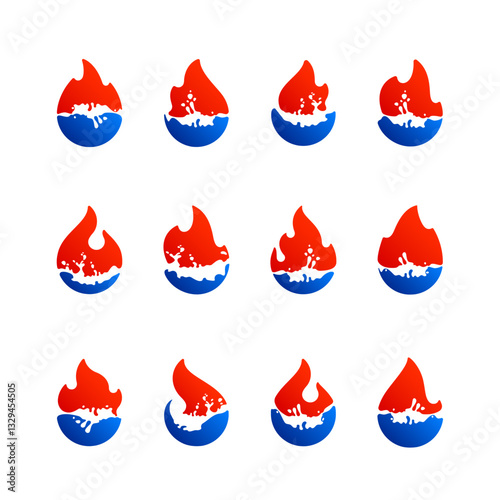 Hot fire flame set icons, symbols liquid water, can be used for logo and brand name, vector illustration.