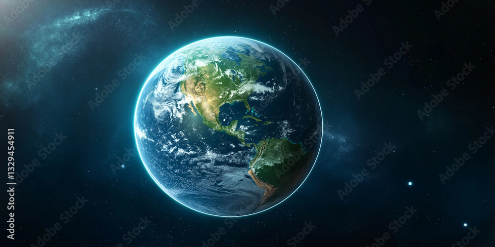 Naklejka premium A breathtaking view of Earth from space, glowing in shades of blue and green, symbolizing unity and care for our shared home