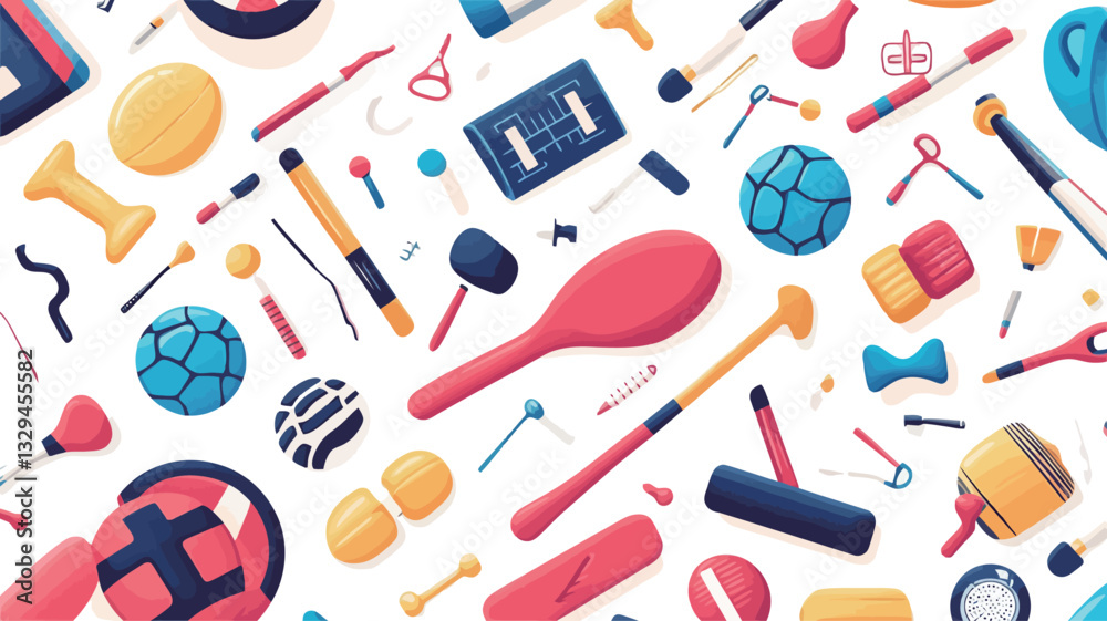 A digital illustration depicting a seamless pattern of various colorful sports equipment items rendered in a flat, cartoonish style against a white background. The items are scattered randomly A digital illustration depicting a seamless pattern of various colorful sports equipment items rendered in a flat, cartoonish style against a white background. The items are scattered randomly