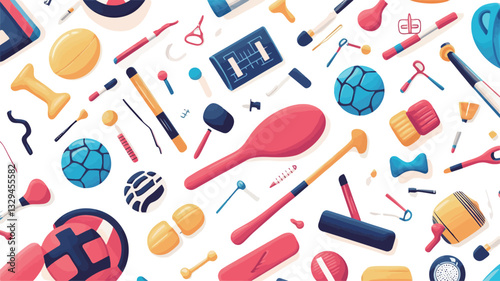 A digital illustration depicting a seamless pattern of various colorful sports equipment items rendered in a flat, cartoonish style against a white background.  The items are scattered randomly