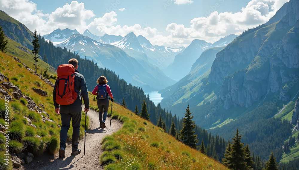 Hikers enjoying mountain view on scenic trail Hikers enjoying mountain view on scenic trail