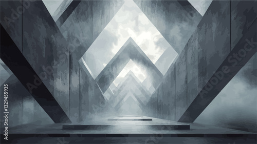 The image presents a digitally rendered interior scene featuring a complex geometric structure constructed from dark grey concrete. The structure is composed of repeating, angled elements creating