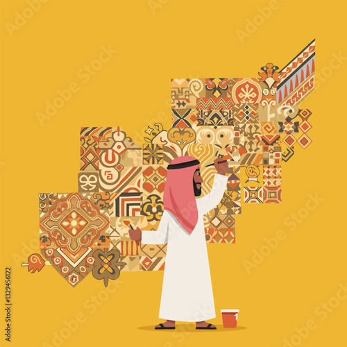 Man Painting Decorative Tiles with Brush Creating Arabesque Design