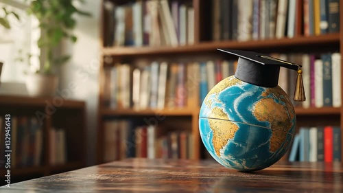 A small globe wearing a graduation cap blurred bookshelf on background. Knowledge and academic achievement on a global scale	