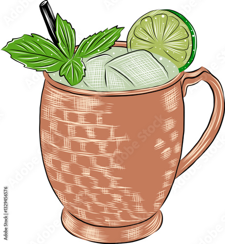 Vector engraved style illustration of Moscow Mule cocktail for posters, decoration and print. Hand drawn sketch, colorful isolated on white background.