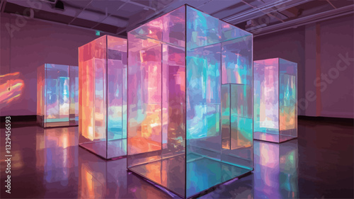 The image depicts several large, translucent glass cubes illuminated from within, creating vibrant and colorful light effects. The cubes are arranged in a modern gallery setting, with their