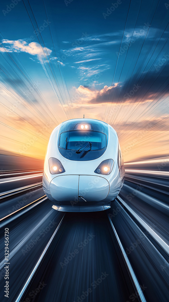 Fototapeta premium a futuristic white bullet train speeds along railway tracks at sunset with motion blur emphasizing its high velocity and sleek design 