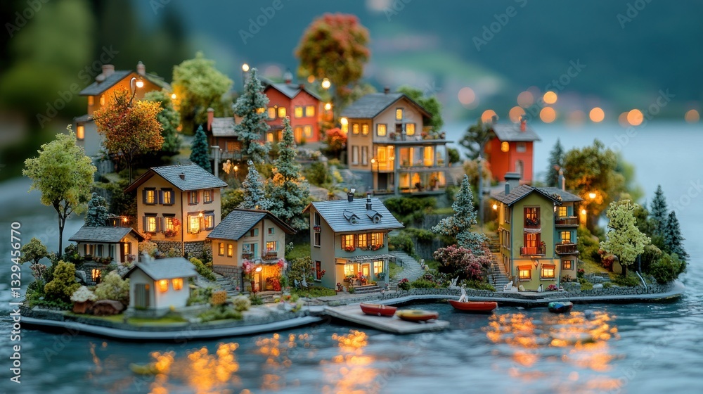 Obraz premium Miniature idyllic village by a lake at twilight
