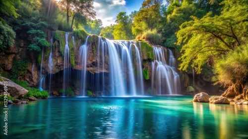 waterfall cascade into serene lake, peaceful scene, calm atmosphere
