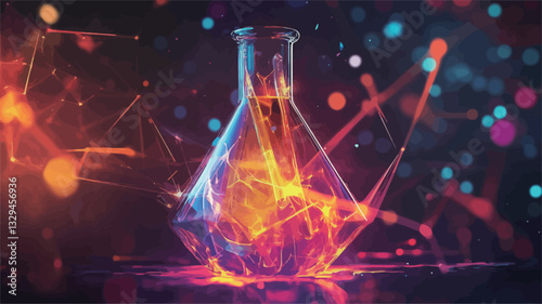A digital artwork depicting a glass flask filled with vibrant, glowing energy.  The flask is rendered in a stylized manner, with sharp lines and a combination of translucent and opaque sections.