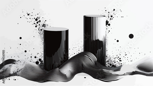 The image is a monochrome, close-up shot of two black cylinders partially submerged in a dark, liquid-like substance. The liquid has a flowing, dynamic texture with ripples and splashes extending