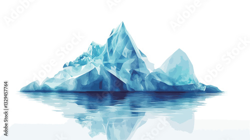 A digital illustration depicts an iceberg floating in calm water. The iceberg is predominantly blue and white, with varying shades and textures suggesting ice formations.  The water reflects the