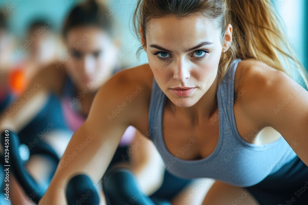 Empowered Female Instructor Energizing Spin Class on Exercise Bike in Gym with Determined Students Empowered Female Instructor Energizing Spin Class on Exercise Bike in Gym with Determined Students
