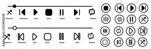Media player control set with shuffle, previous, play, and stop symbols