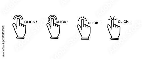Hand cursor icons illustrate clicking action with different styles